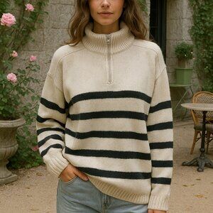 Elie Tahari Sweater Striped 1/4 Zip Pullover Coastal Nautical Preppy Classic